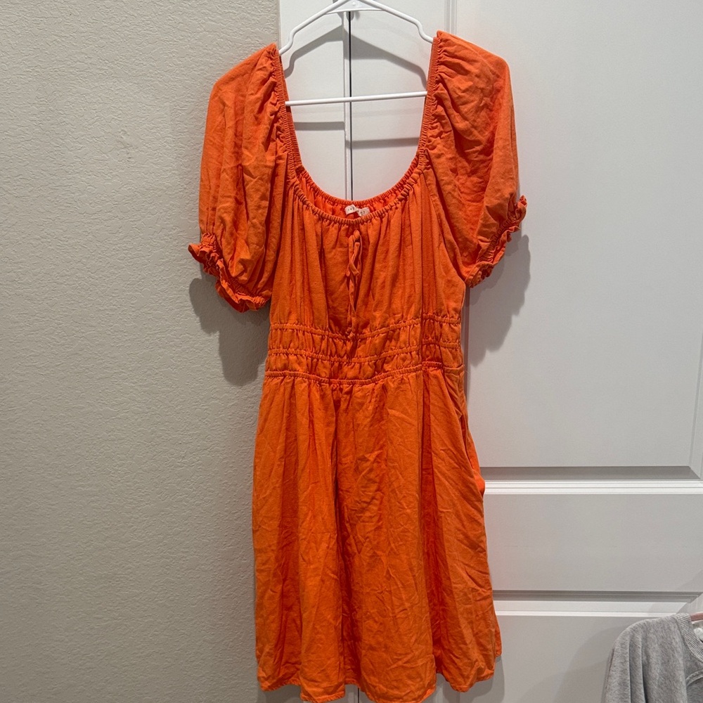 Copper Key Orange Puff Sleeve Mini Dress
